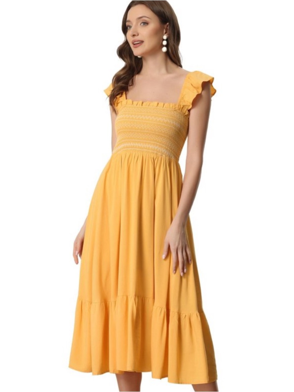 INSPIRE CHIC Women's Boho Square Neck Ruffle Trim Flowy Smocked Midi Sundresses